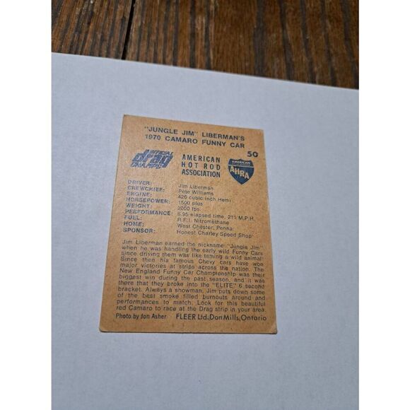 Vintage 1971 Fleer Jungle Jim Libermans 1970 Camaro Funny Car Trading Card AHRA - Picture 2 of 2